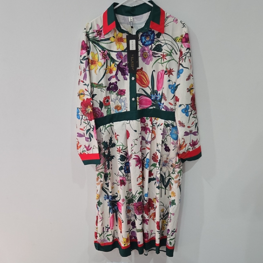 Lai Meng Five Cats Sz 14  Multicolor Floral Long Sleeve A-Line Midi Dress